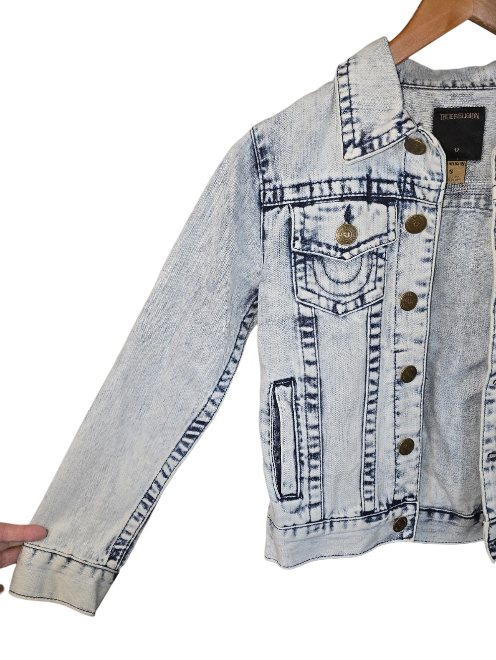True Religion Kids Denim Jimmy Trucker Jacket Acid Wash Rope Stitch Blue Size Sm - Picture 2 of 12